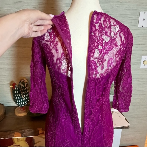 Carmen Marc Valvo Botanical Berry Pink Sheath Dress 10 Lace 3/4 Sleeve Cocktail - Picture 7 of 9